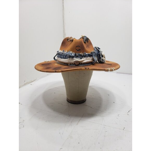 Distressed Western Cowgirl Hat W/ Denim Trim & Custom Stitching Boho Look main image 4